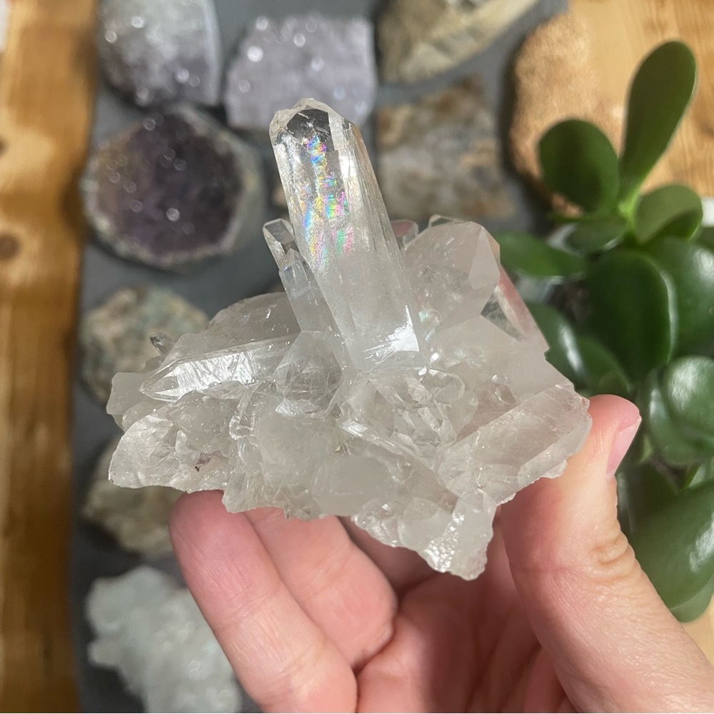 Clear Quartz Crystal Cluster - Natural Clear Arkansas quartz with rainbows